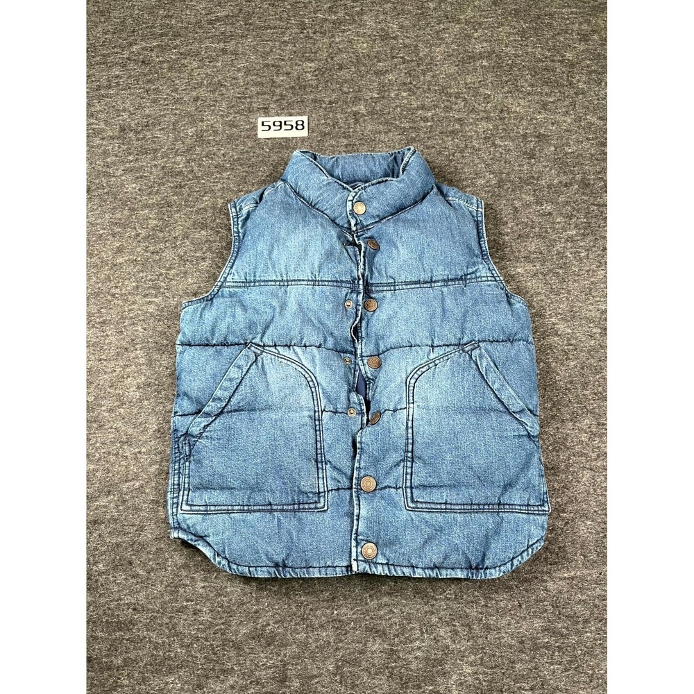 Gap Teen Denim Puffer Vest Mens Medium Blue Washwell Button Front Mock Neck